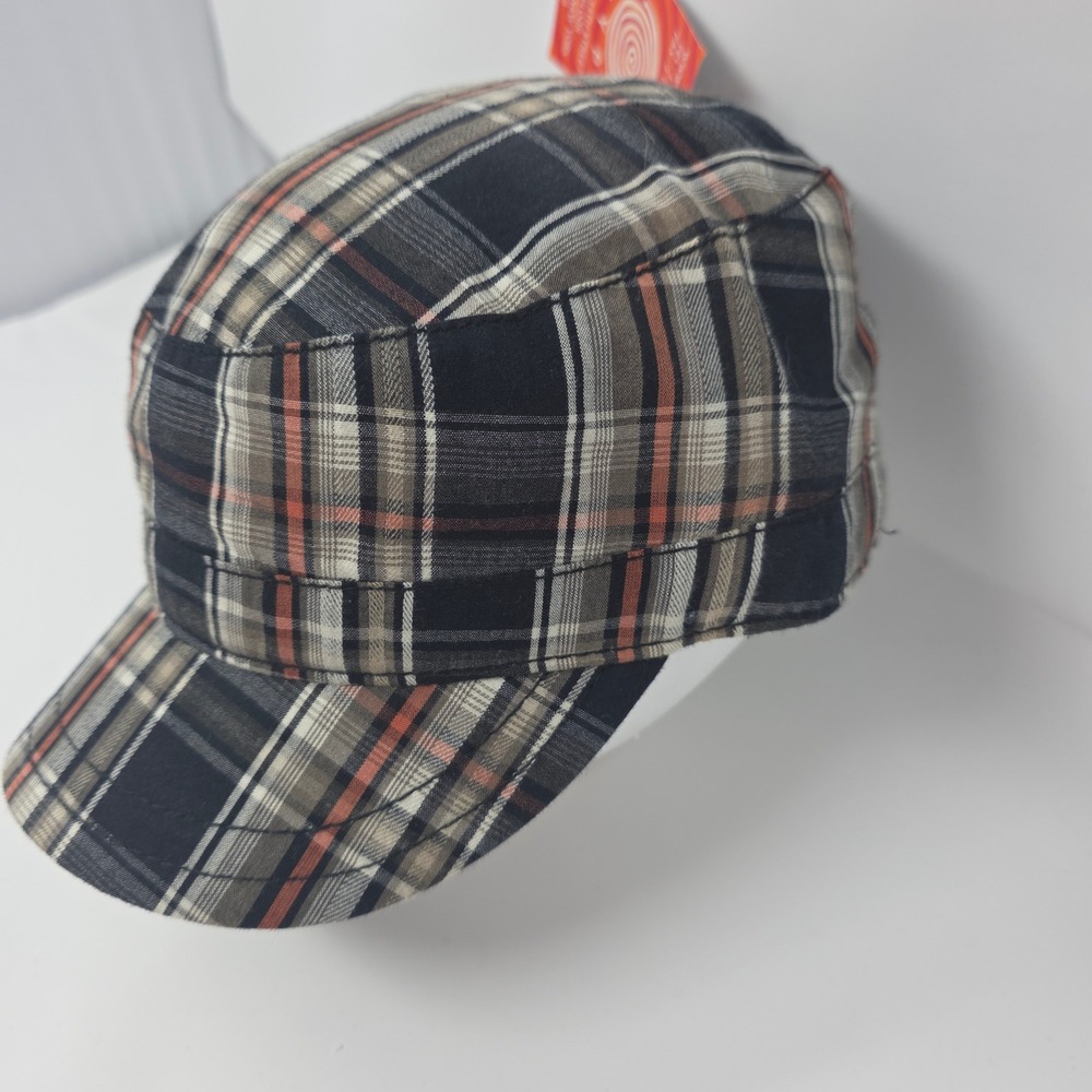 HYP Plaid Cadet Hat 58cm 7 1/4 Military Cap Woven Adj Black Orange Vintage 00s